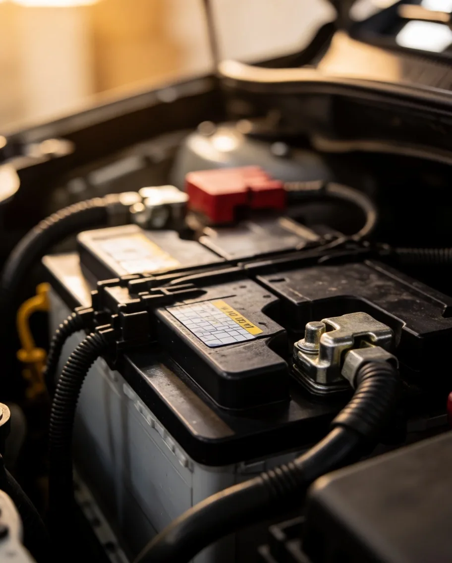 Batería del automóvil con bornes limpios en diagnóstico eléctrico del taller