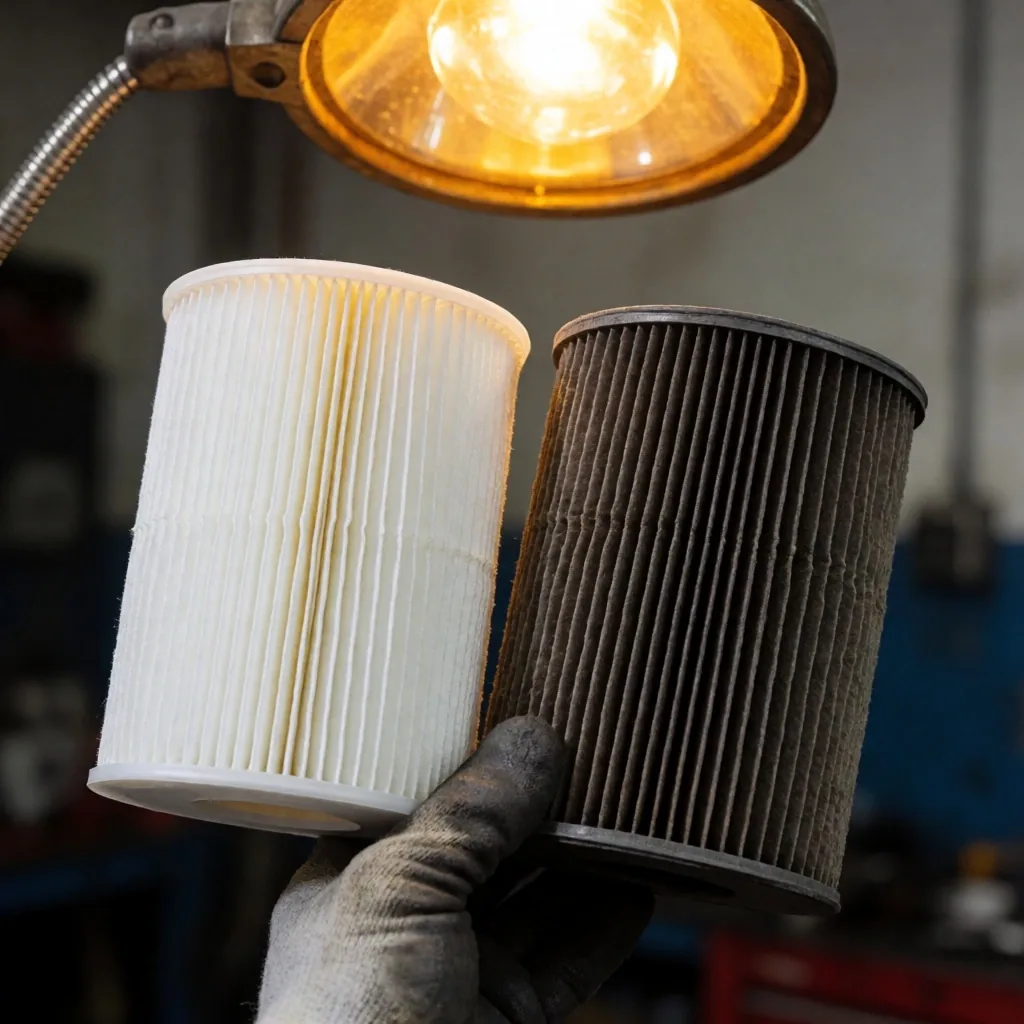 Filtro de aire usado comparado con un filtro nuevo en el taller de mecánica