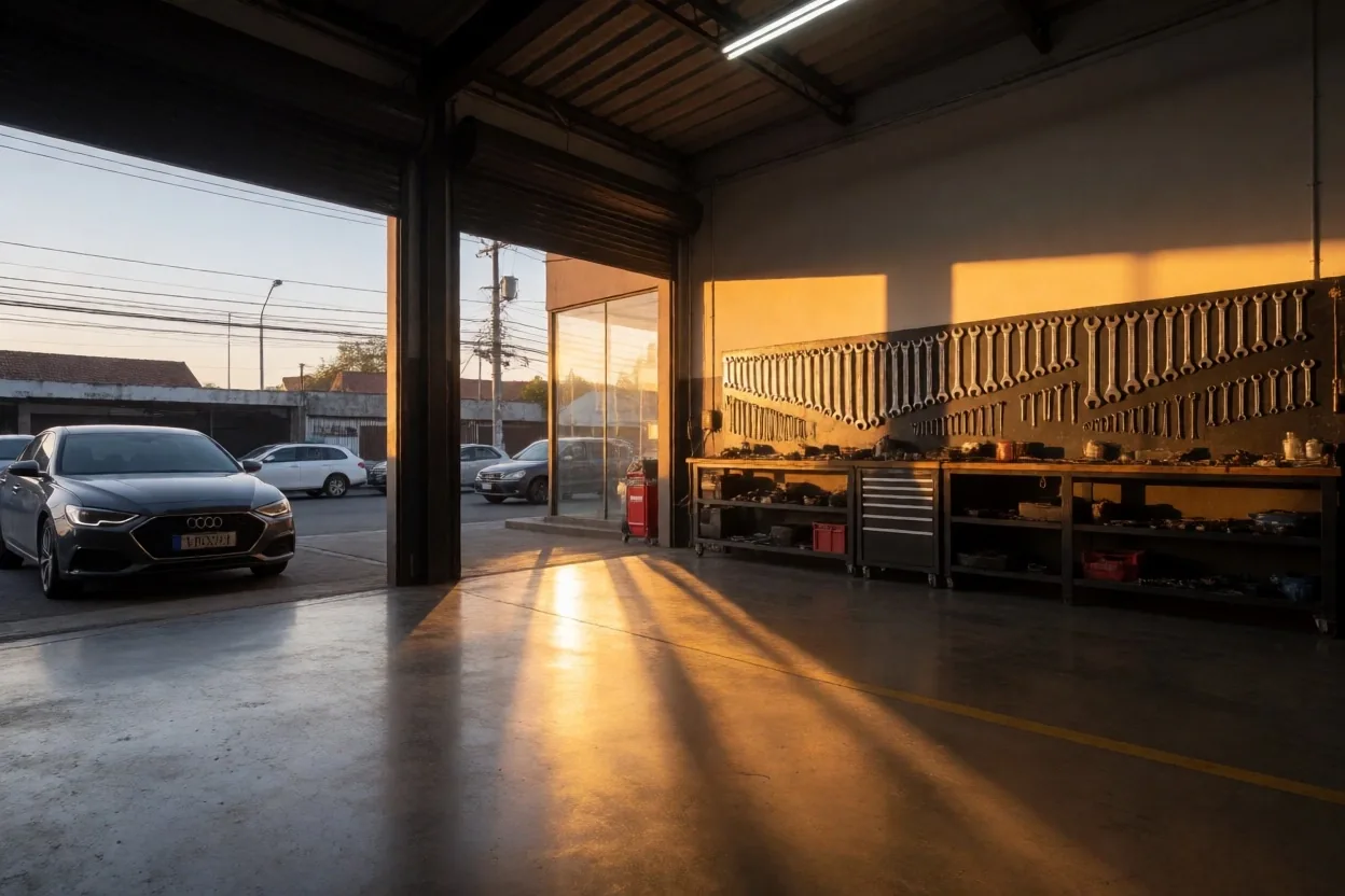 Interior del taller de Quito Auto Pro con piso de concreto pulido y luz ámbar