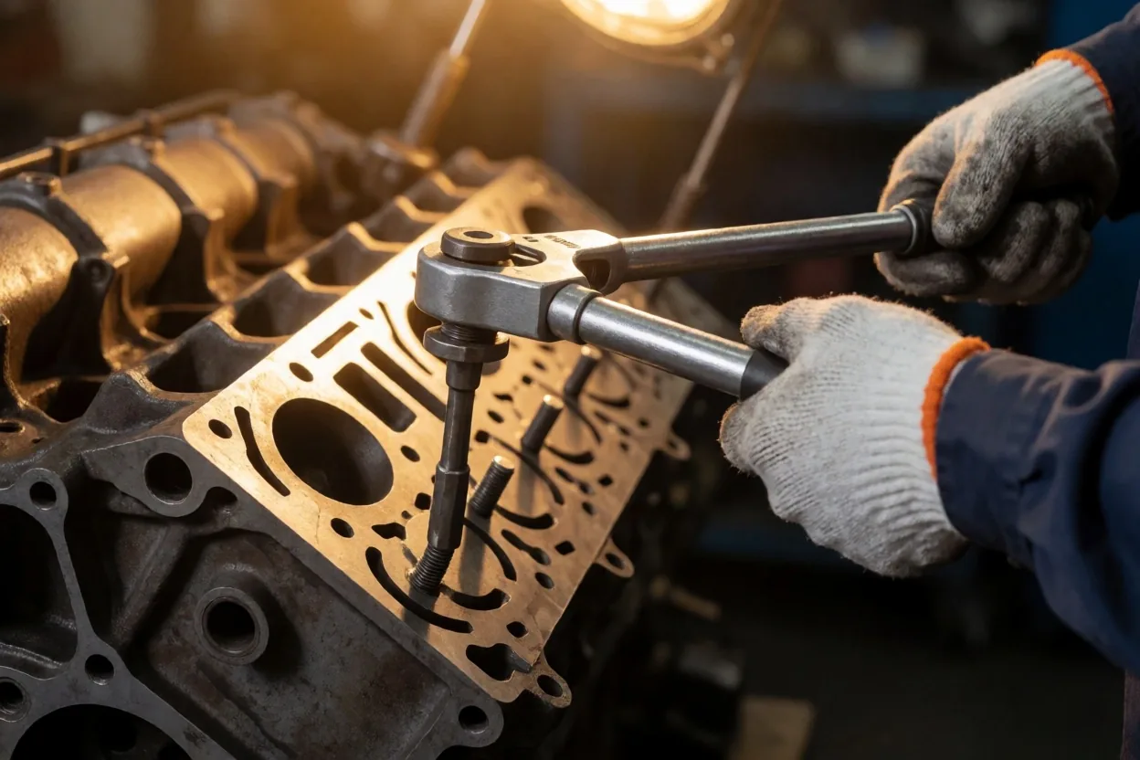 Manos del técnico ajustando un perno en el bloque del motor bajo luz ámbar del taller